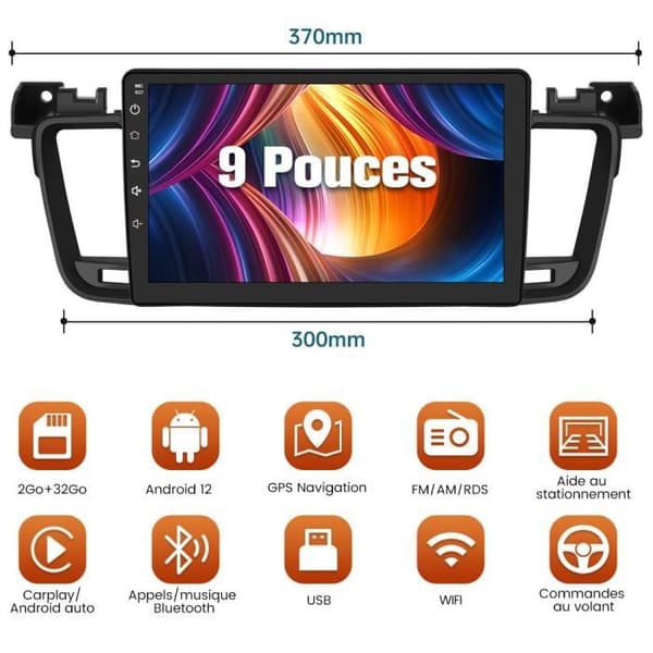 AWESAFE Android 12 bilradio för Peugeot 508 (2012-2016) [2GB+32GB] med 9-tums pekskärm Carplay Android Auto GPS Wi-FI