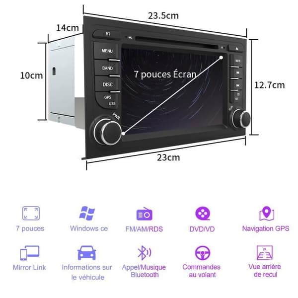 AWESAFE Bilradio för Audi A4 B6 B7/S4/RS4 (2000-2012) med 7-tums pekskärm CD GPS/Bluetooth/FM RDS/USB/SD/RCASWC/Mirrorlink