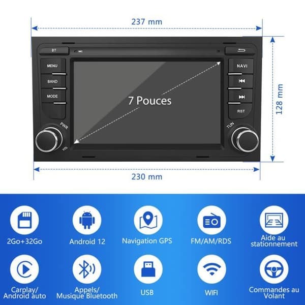 AWESAFE Android 12 bilradio för Audi A4 B6 B7/S4/RS4(2000-2012) med 7-tums pekskärm med GPS Carplay Android Auto WiFi