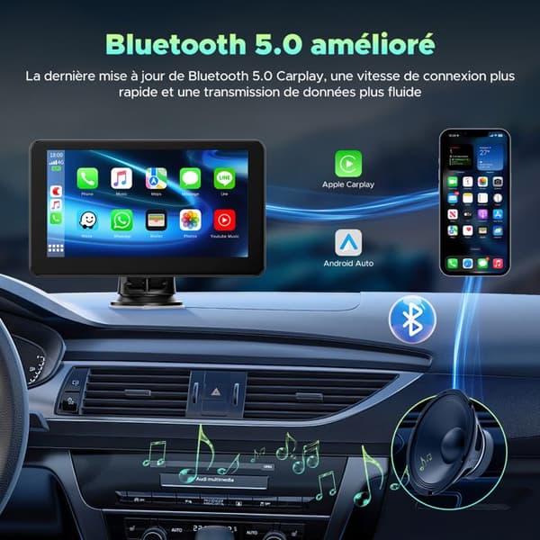 TOGUARD 7-tums Bluetooth-bilradio med CarPlay Android Auto Bluetooth WiFi 5G trådlös FM-sändare