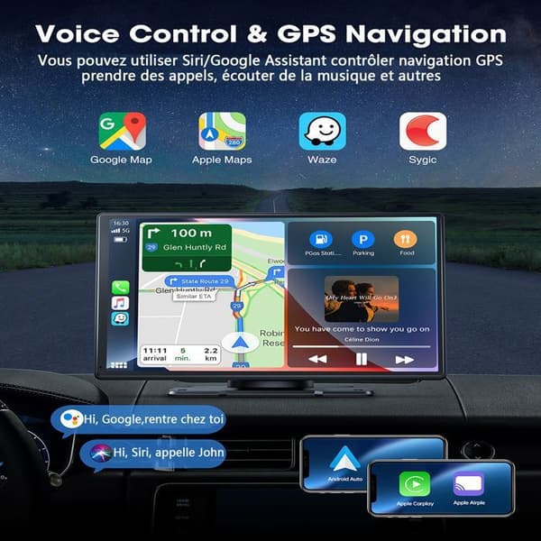 TOGUARD Carplay Bilradio 9-tumsskärm Trådlös Android Bluetooth Bärbar Navigationsröstassistent med 1080P backkamera