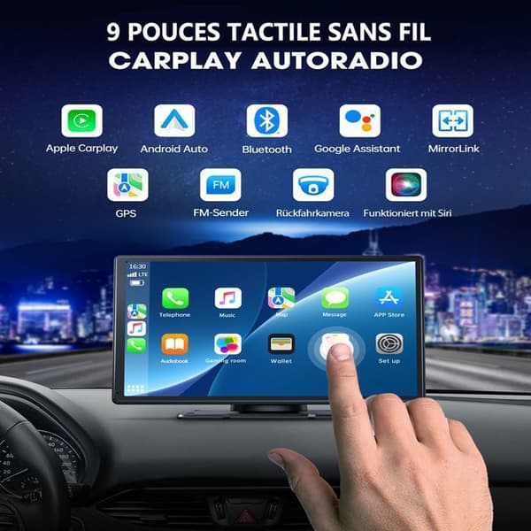 TOGUARD Carplay Bilradio 9-tumsskärm Trådlös Android Bluetooth Bärbar Navigationsröstassistent med 1080P backkamera