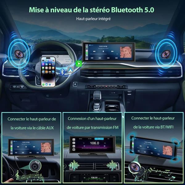 TOGUARD 10,2" Autoradio Carplay Kamera Bil 4K+1080P Touchskärm Bluetooth för Apple Carplay Trådlös Android Auto