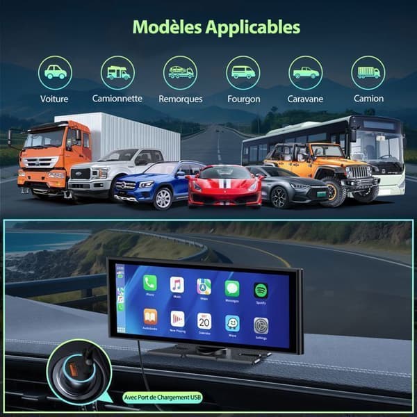TOGUARD 10,2" Autoradio Carplay Kamera Bil 4K+1080P Touchskärm Bluetooth för Apple Carplay Trådlös Android Auto