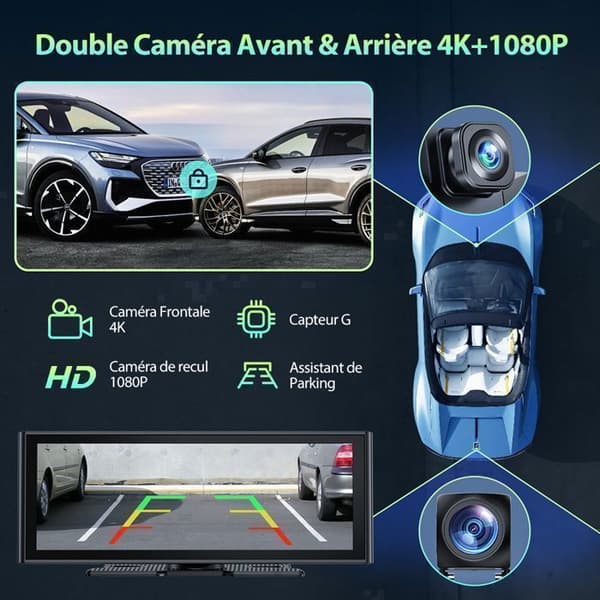 TOGUARD 10,2" Autoradio Carplay Kamera Bil 4K+1080P Touchskärm Bluetooth för Apple Carplay Trådlös Android Auto