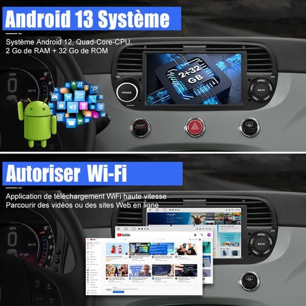 AWESAFE 4G Android 13 6GB+128GB bilradio för Fiat 500(2007-2015) med 7-tums pekskärm Carplay Android Auto GPS WiFi DSP FM