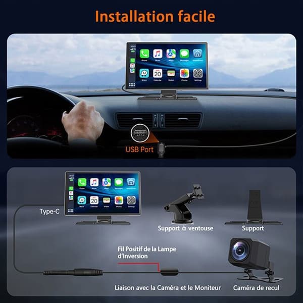 TOGUARD 9" Autoradio Carplay Trådlös Framkamera 4K+1080P Backkamera för Apple Carplay/Android Auto TF-kort 64G