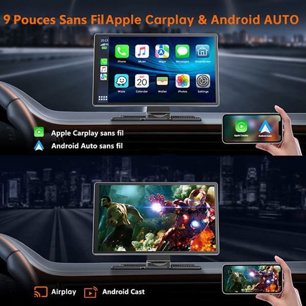 TOGUARD 9" Autoradio Carplay Trådlös Framkamera 4K+1080P Backkamera för Apple Carplay/Android Auto TF-kort 64G