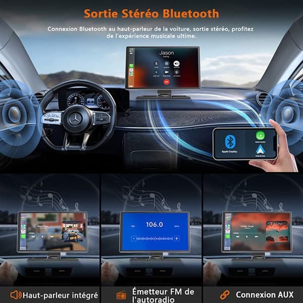 TOGUARD 9" Autoradio Carplay Trådlös Framkamera 4K+1080P Backkamera för Apple Carplay/Android Auto TF-kort 64G