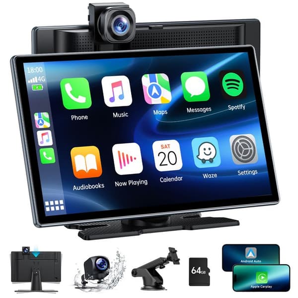 TOGUARD 9" Autoradio Carplay Trådlös Framkamera 4K+1080P Backkamera för Apple Carplay/Android Auto TF-kort 64G