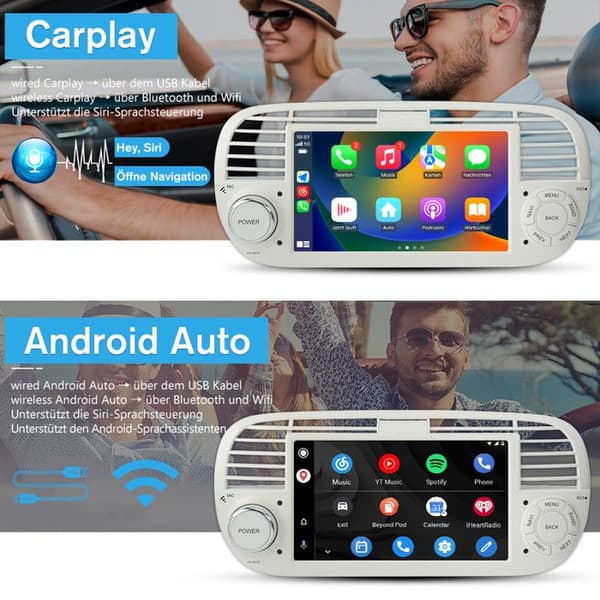 AWESAFE Android 12 bilradio 2GB+32GB för Fiat 500(2007-2015) med 7-tums pekskärm Carplay Android Auto GPS WiFi DSP FM Vit