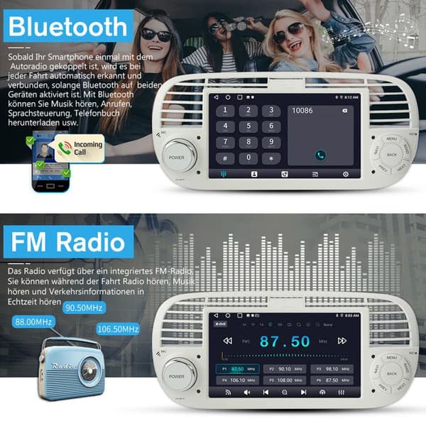 AWESAFE Android 12 bilradio 2GB+32GB för Fiat 500(2007-2015) med 7-tums pekskärm Carplay Android Auto GPS WiFi DSP FM Vit