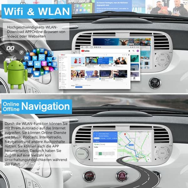 AWESAFE Android 12 bilradio 2GB+32GB för Fiat 500(2007-2015) med 7-tums pekskärm Carplay Android Auto GPS WiFi DSP FM Vit