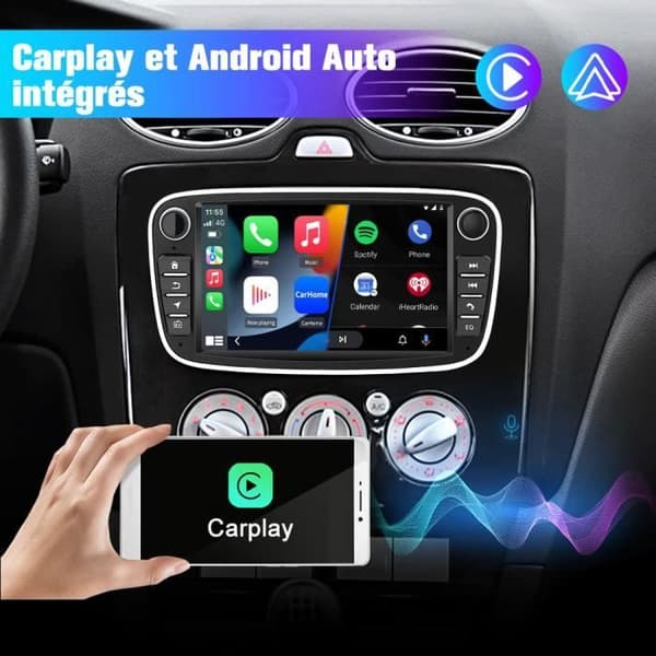 AWESAFE Android Car Radio 12 för Ford Focus C-Max S-Max Mondeo Kuga Galaxy, Carplay och Android Auto, 7-tums pekskärm WiFi