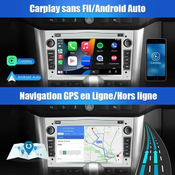 AWESAFE Android 12 bilradio för Opel, 2GB+32GB 7 tum med Carplay Android Auto USB SD RDS Bluetooth - Grå