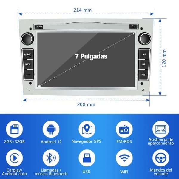 AWESAFE Android 12 bilradio för Opel, 2GB+32GB 7 tum med Carplay Android Auto USB SD RDS Bluetooth - Grå