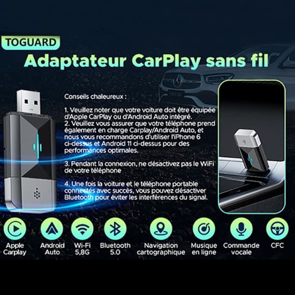 TOGUARD 2 i 1 trådlös Carplay-adapter för Apple Carplay &amp; Android Auto WIFI 5.8GHz Plug &amp; Play Bluetooth 5.0
