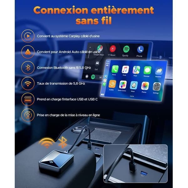 Trådlös Carplay-adapter för Apple CarPlay och Android Auto WiFi 5.8GHz Bluetooth Kompatibel med bilar från 2016