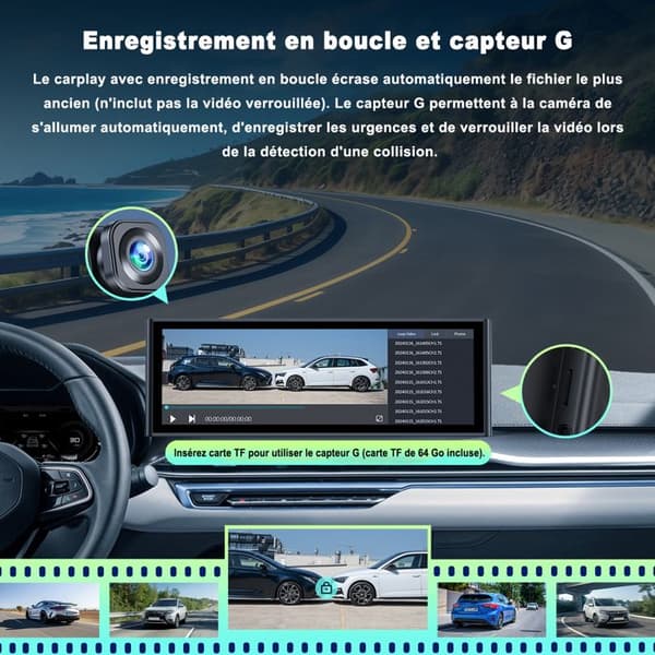 CAMPARK 10.26'' Autoradio Carplay Trådlös Framkamera 4K+1080P Backupkamera för Apple Carplay/Android Auto Pekskärm