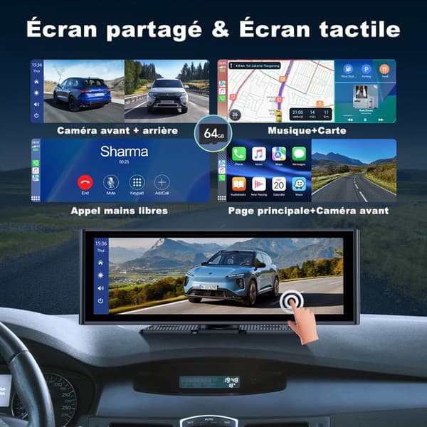 CAMPARK 10.26'' Autoradio Carplay Trådlös Framkamera 4K+1080P Backupkamera för Apple Carplay/Android Auto Pekskärm