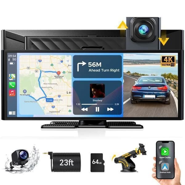 CAMPARK 10.26'' Autoradio Carplay Trådlös Framkamera 4K+1080P Backupkamera för Apple Carplay/Android Auto Pekskärm