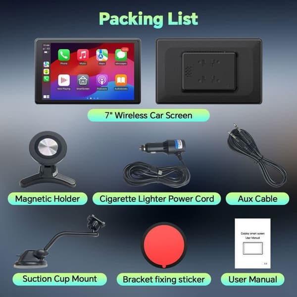 CAMPARK 7'' Bärbar Bilradio för Apple Carplay Trådlös Android Auto Bluetooth Pekskärm Röststyrning Spegelkoppling