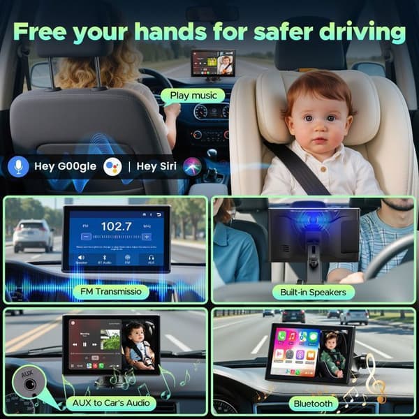 CAMPARK 8'' Bärbar Autoradio för Apple Carplay Trådlös Android Auto Bluetooth Pekskärm Vertikal &amp; Horisontell Röstkommandon