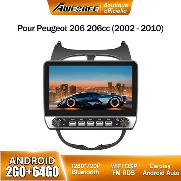 AWESAFE Autoradio Android 13 för Peugeot 206 (2002-2010) 2Go+64Go 10'' Pekskärm med knappar Carplay Android Auto WiFi