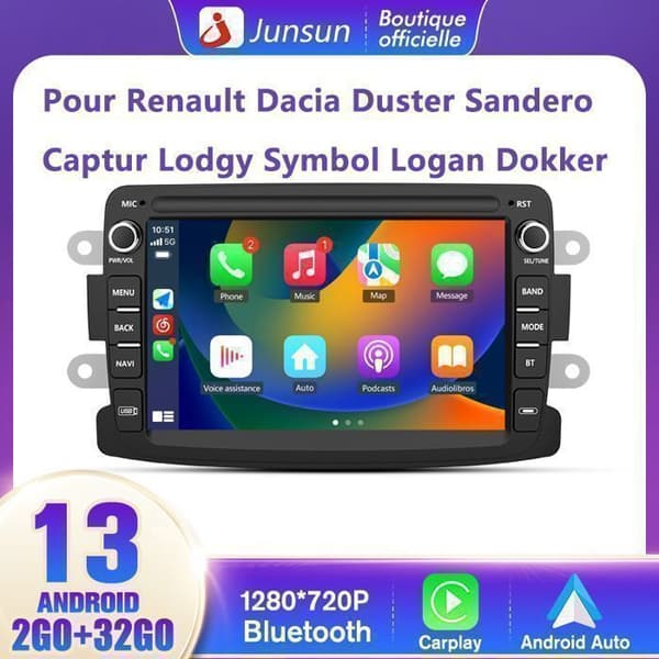 Junsun Autoradio Android 13 2Go+32Go för Renault Dacia Duster Sandero Captur Lodgy Symbol Logan 7" Skärm Carplay Android Auto GPS