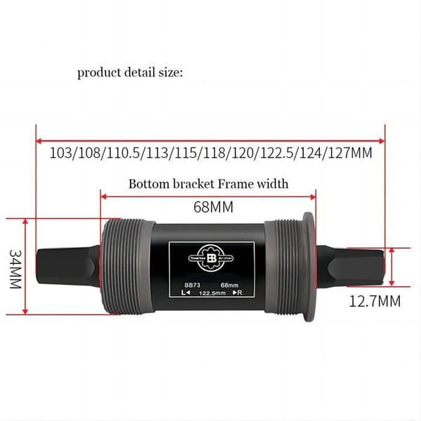 Cykelbottenfäste, BSA-Innenlager Hålaxel för vev 68x 110,5-126mm avsmalnande fyrkantsaxel BB73