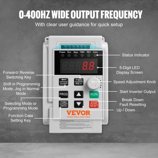 VEVOR 2.2KW VFD Inverter, 3HP Motorhastighedsregulator, 220V 3-faset output