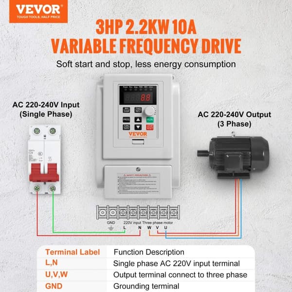 VEVOR 2.2KW VFD Inverter, 3HP Motorhastighedsregulator, 220V 3-faset output