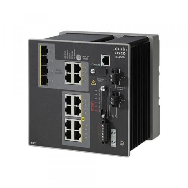 Cisco Industrial Ethernet 4000 Series Managed Switch 8 x 10-100-1000 + 4 x Combo Gigabit SFP Din Rail Mount DC-ström- USED Svart