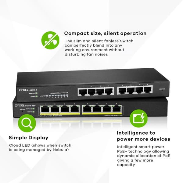 NÄTVERK, Switch, Fristående Switch, Zyxel 8p GbeZyxel GS1915-8EP Smart Hybrid Switch. Switch Type: Managed,