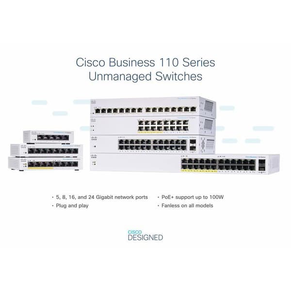 Cisco® Business CBS110-5T-D Unmanaged Switch | 5 GE-portar | Kontor | Strömförsörjning Extern | Begränsad livstidsgaranti
