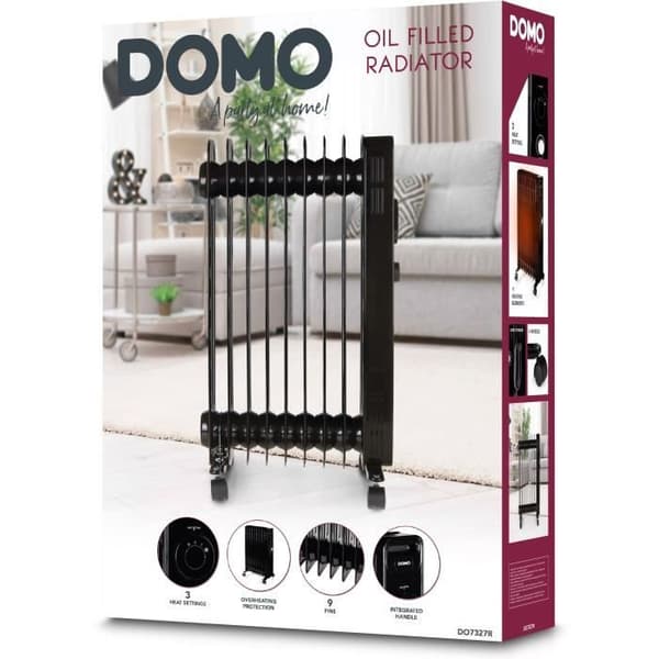 Oljefylld kylare - 2000 W - DOMO - DO7327R - 42,5 x 28 x 64 cm - Svart
