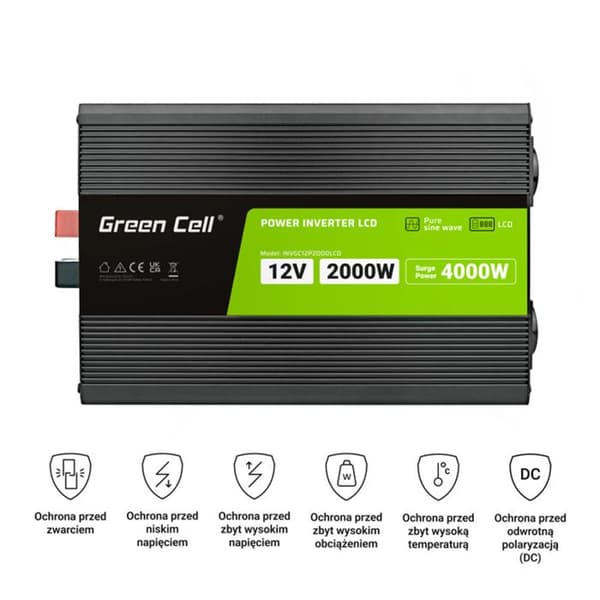 Green Cell - PowerInverter spänningsomvandlare med LCD-skärm 12V till 230V 2000W/4000W ren sinusvåg