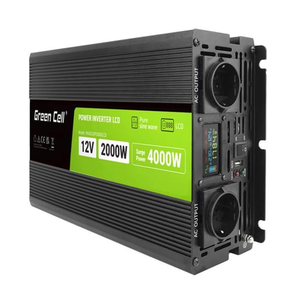 Green Cell - PowerInverter spänningsomvandlare med LCD-skärm 12V till 230V 2000W/4000W ren sinusvåg