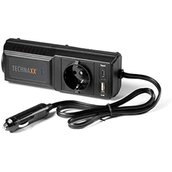 Bilomvandlare - TECHNAXX - 200W - 2 USB-portar - Schuko-kontakt - Multi-säkerhetsskydd Svart