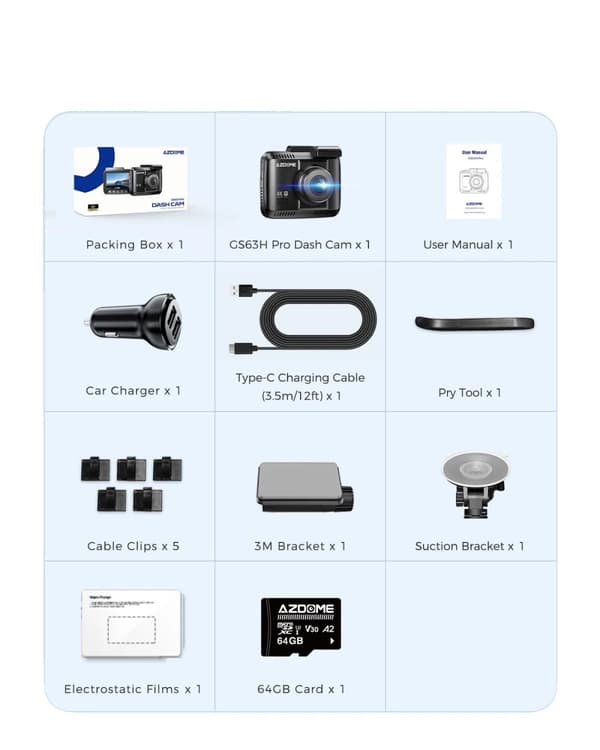 AZDOME Dash Cam, 4K Dubbelinspelning, Inbyggd GPS-spårning,GS63H PRO-1CH-ADAS, Azdome -kort 64 GB