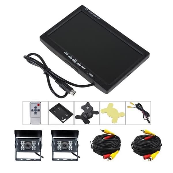 Podofo backkamera med förlängningskabel 7 tum TFT LCD-skärm fordonsmonitor + 2 bakre kameror IR LED Night Vision