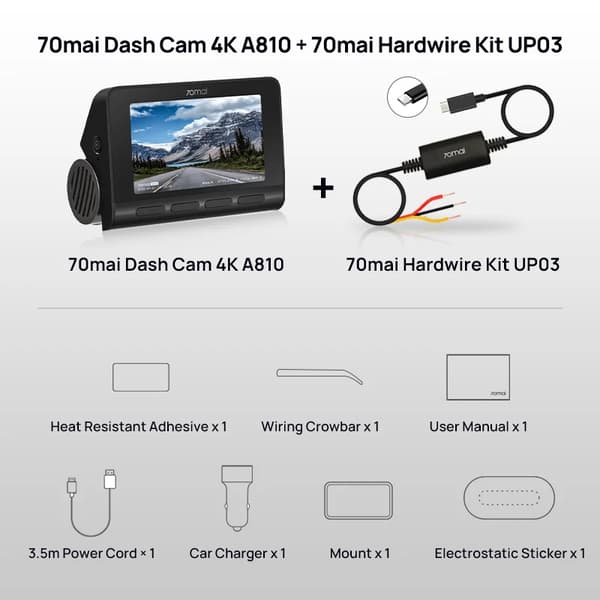 70mai Dash Cam, Äkta 4K-inspelning, Dubbelkanals HDR,Framkamera n UP03 Kit, UHS-I U3 64GB
