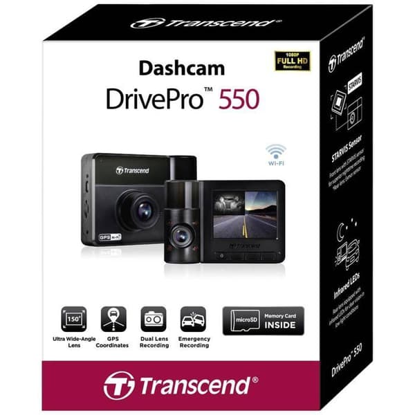 Inbyggd kamera + GPS Transcend DrivePro 550B Horisontell betraktningsvinkel=150 ° 12 V, 24 V Wi-Fi, batteri, interiörkamera