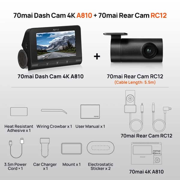 70mai Dash Cam, Äkta 4K-inspelning, Dubbelkanals HDR,UHS-I U3 64GB, Fram- och bakkamera set