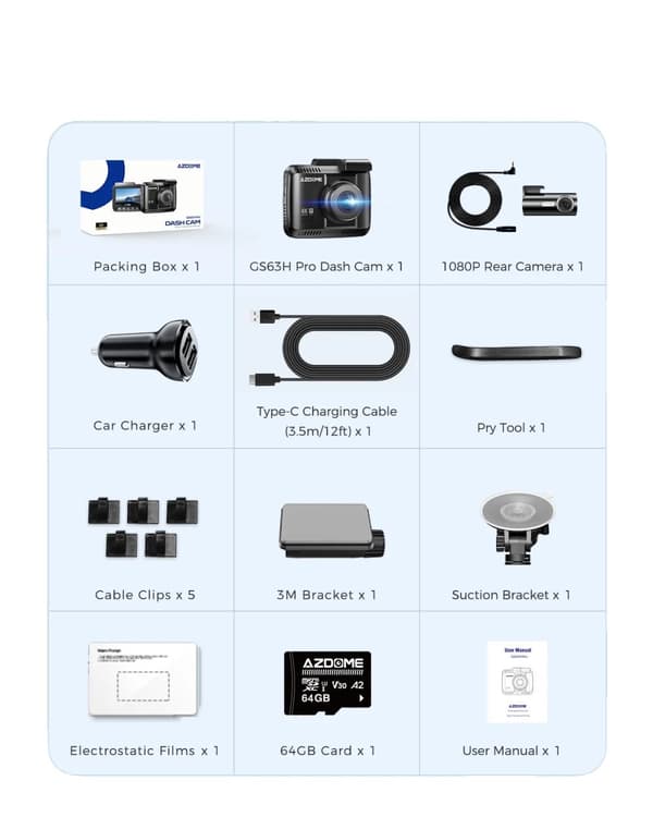 AZDOME Dash Cam, 4K Dubbelinspelning, Inbyggd GPS-spårning,GS63H PRO-2CH-ADAS, Azdome -kort 64 GB