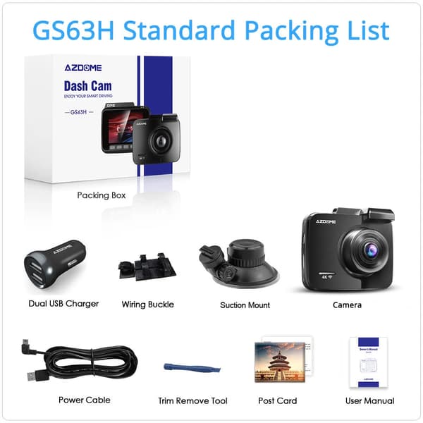 Dash Cam, 4K Ultra HD-inspelning, inbyggd GPS,GS63H-Standard-Lista, Ingen