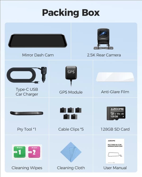 Dash Cam, 4K-upplösning, Dual HDR, NightShot-funktion,PG17 Pro, AZDOME Kort 128GB