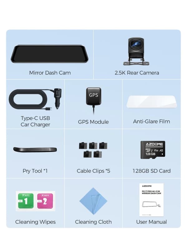 Dash Cam, 4K-upplösning, Dual HDR, NightShot-funktion,PG17 Pro, AZDOME Kort 128GB