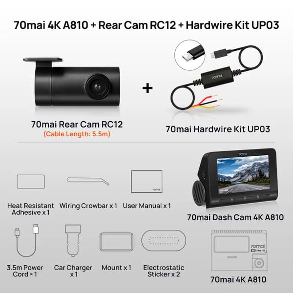70mai Dash Cam, Äkta 4K-inspelning, Dubbelkanals HDR,UHS-I U3 64GB, A810 Set n UP03 Kit