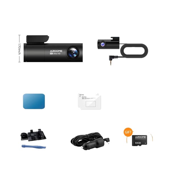 Dash Cam, 4K Etu- ja Takakamera, Sisäänrakennettu GPS, 170° Laajakulma,Ilmainen 64GB TF-kortti, M300S Standardilista